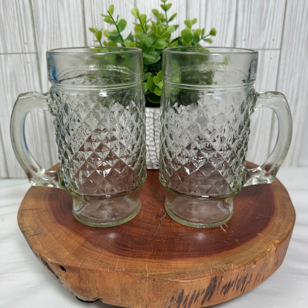 Vintage Anchor Hocking Quilted Diamond Pattern Beer Mugs Set Of 2